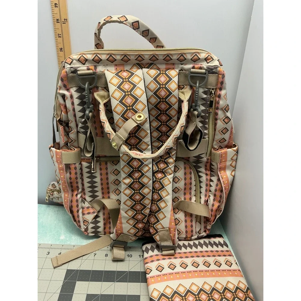 Rosegin Diaper Bag Backpack Tribal Geometric Print with Changing‎ Pad Orange